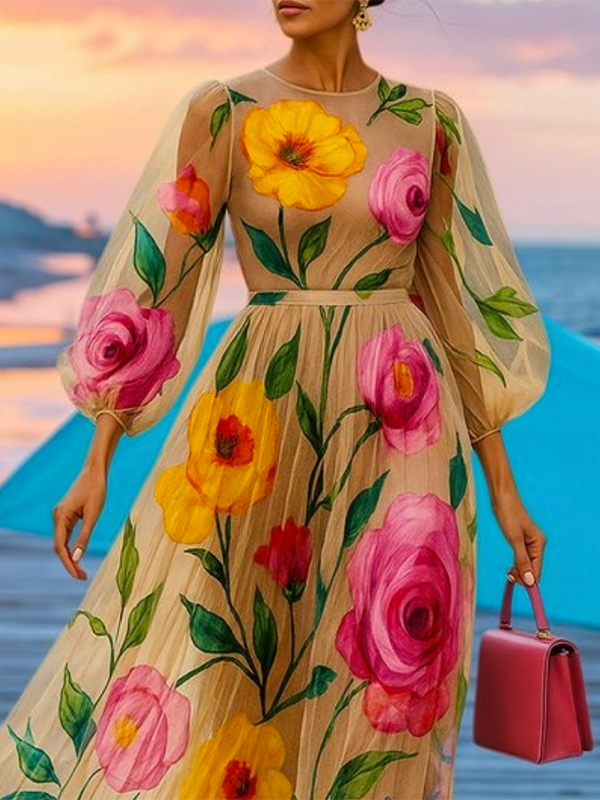 Isabel | Loose Fit Puff Sleeve Mesh Midi Dress