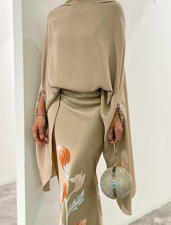 Isadora | Loose Fit Batwing Sleeve High Neck Skirt Set
