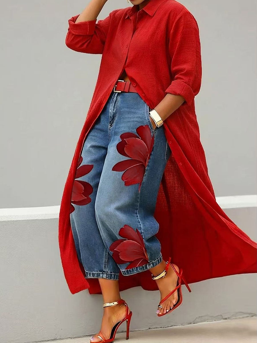 Jade | Loose Fit Wide Leg Flower Print Jean Pants