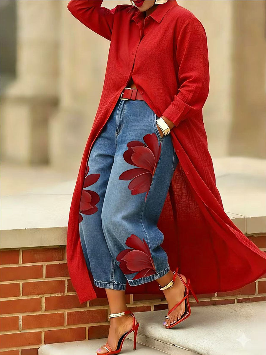 Jade | Loose Fit Wide Leg Flower Print Jean Pants
