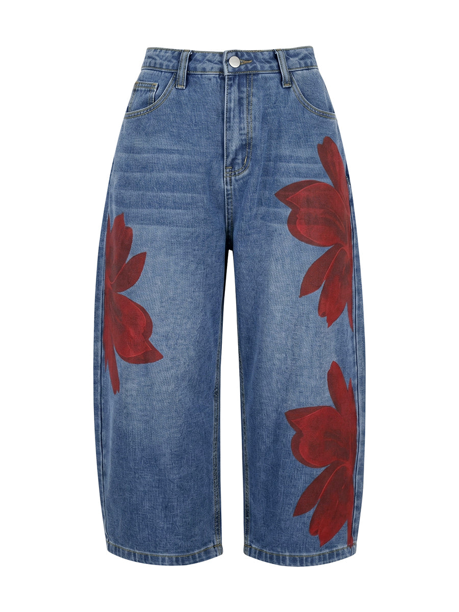 Jade | Loose Fit Wide Leg Flower Print Jean Pants