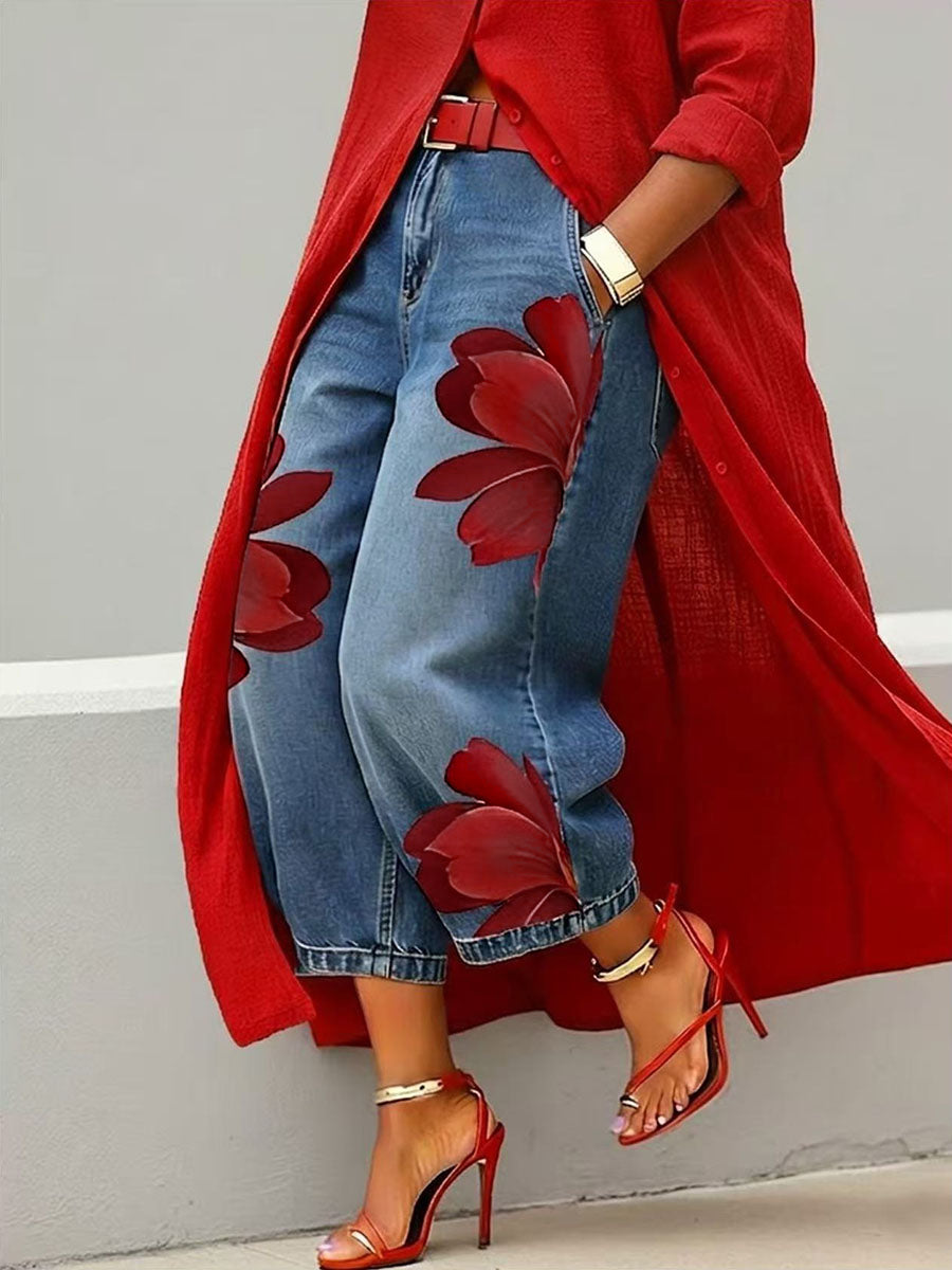 Jade | Loose Fit Wide Leg Flower Print Jean Pants