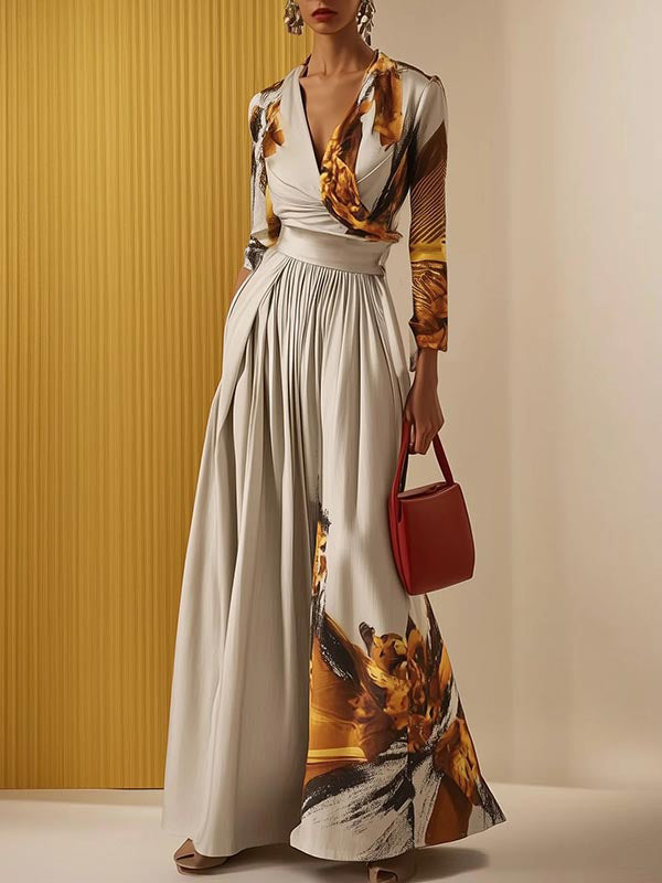 Joanna | Loose Fit Floral Print Pleated V-Neck Jumpsuit