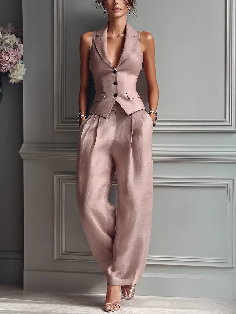 Jocelyn | Sleeveless Button-Front Vest and Wide-Leg Trousers Set