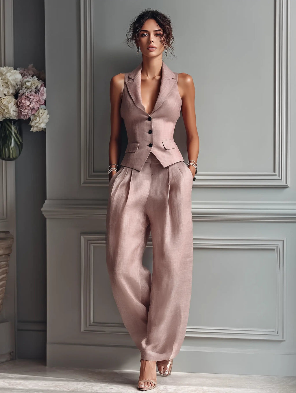Jocelyn | Sleeveless Button-Front Vest and Wide-Leg Trousers Set