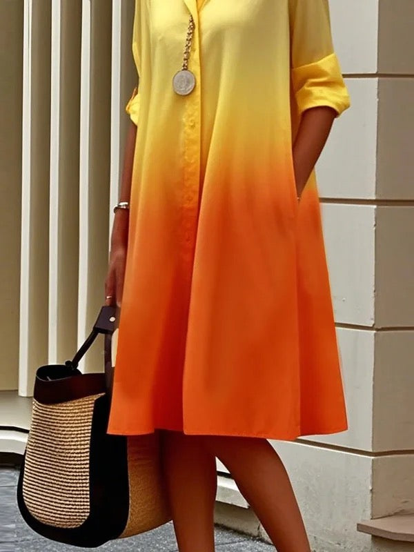 Kate | Loose Fit Long Sleeve Gradient Lapel Midi Shirt Dress