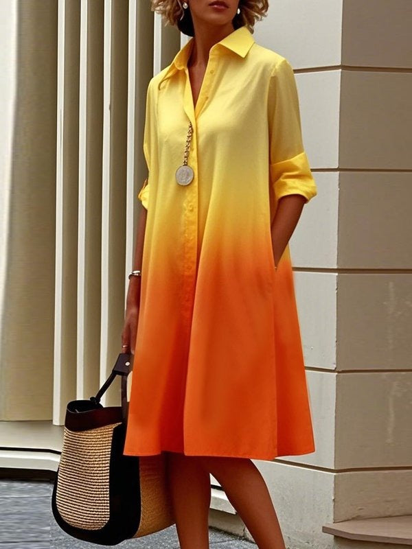 Kate | Loose Fit Long Sleeve Gradient Lapel Midi Shirt Dress