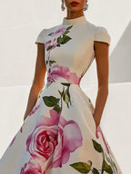 Laura | Skinny Fit Flower Print Stand Collar Midi Dress