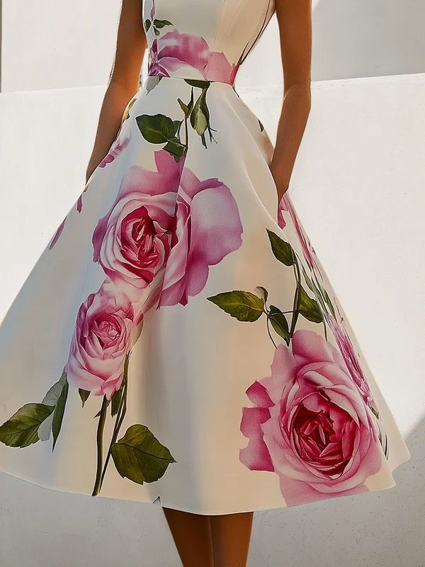 Laura | Skinny Fit Flower Print Stand Collar Midi Dress