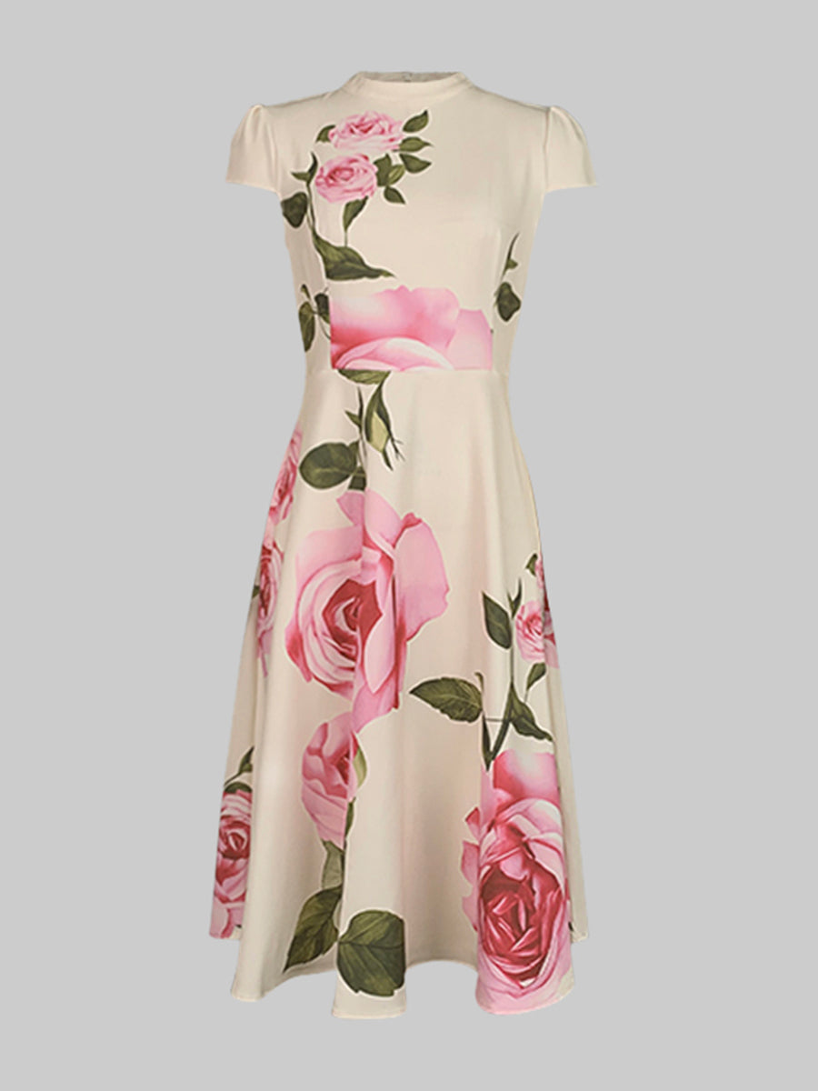 Laura | Skinny Fit Flower Print Stand Collar Midi Dress