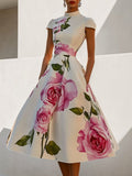 Laura | Skinny Fit Flower Print Stand Collar Midi Dress