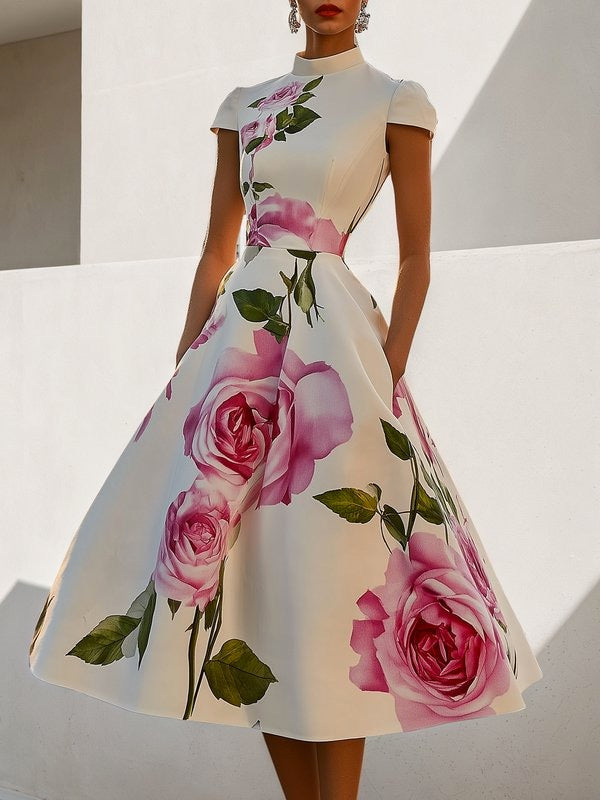 Laura | Skinny Fit Flower Print Stand Collar Midi Dress
