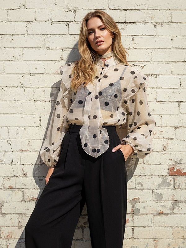 Leila | Loose Fit Long Sleeve Polka Dot Ruffle Blouse