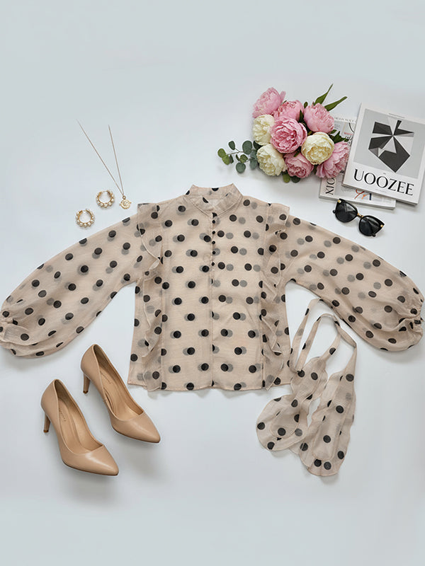 Leila | Loose Fit Long Sleeve Polka Dot Ruffle Blouse