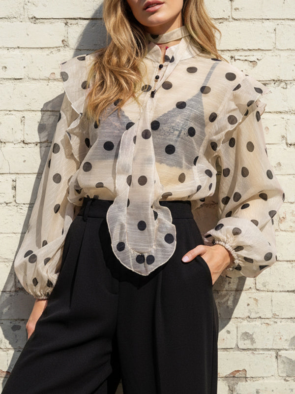 Leila | Loose Fit Long Sleeve Polka Dot Ruffle Blouse