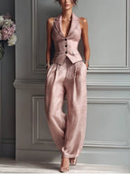 Jocelyn | Sleeveless Button-Front Vest and Wide-Leg Trousers Set