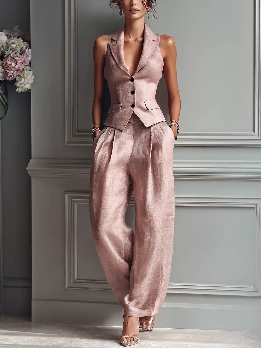 Jocelyn | Sleeveless Button-Front Vest and Wide-Leg Trousers Set
