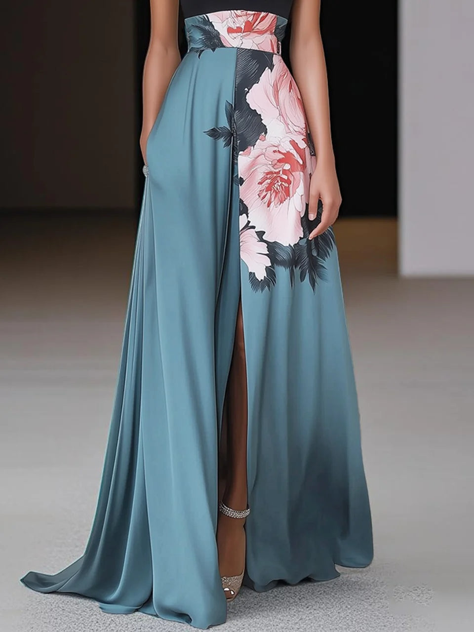 Linnea | Sleeveless A-Line Maxi Dress with Floral Print and Side Slit