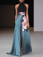 Linnea | Sleeveless A-Line Maxi Dress with Floral Print and Side Slit