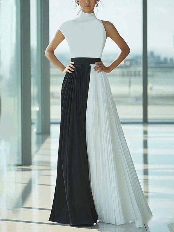 Livia | Loose Fit High Waist Pleated Mock Neck Maxi Dress
