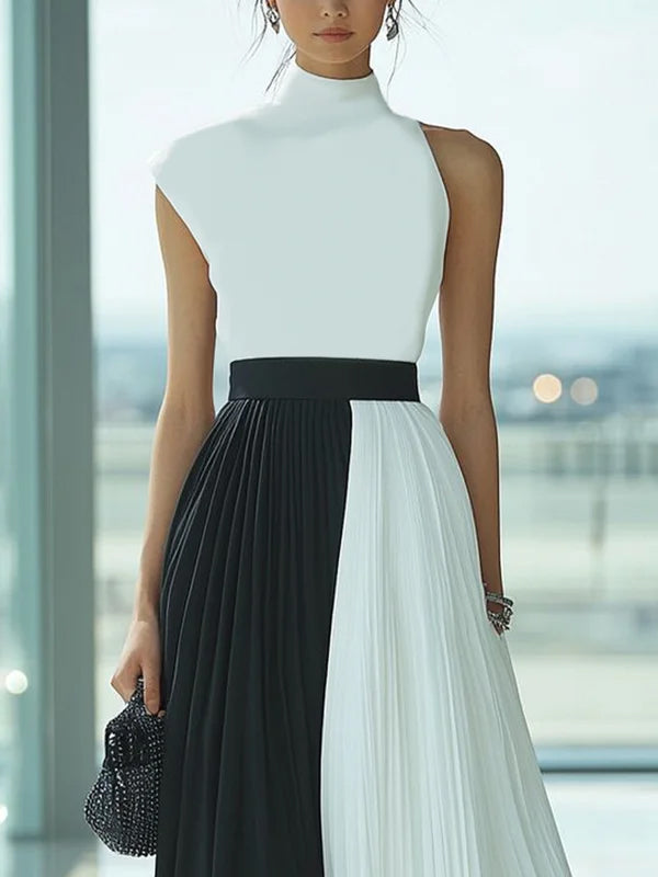 Livia | Loose Fit High Waist Pleated Mock Neck Maxi Dress