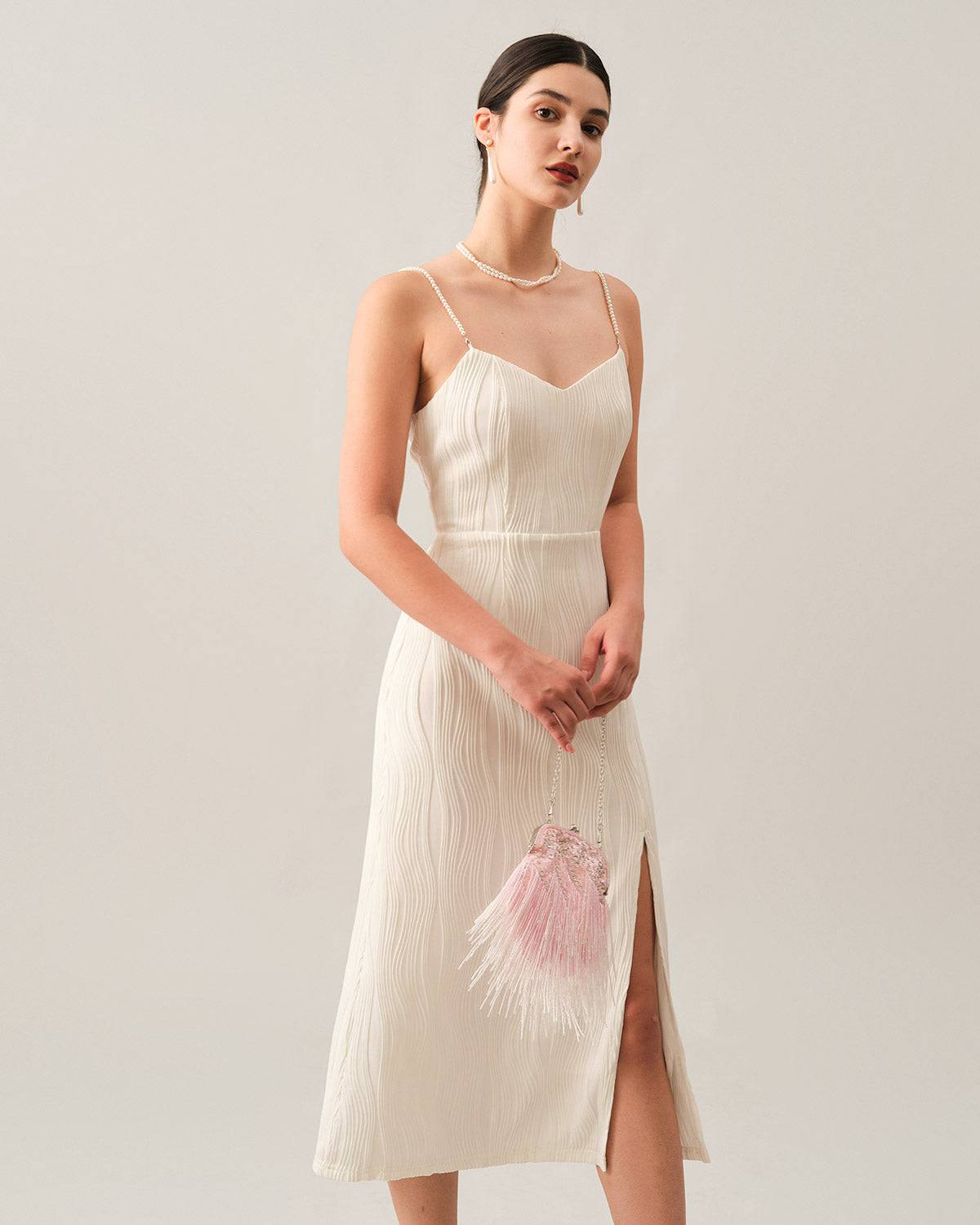 Mariana | Textured Pearl Strap Wedding Guest Midi Dress