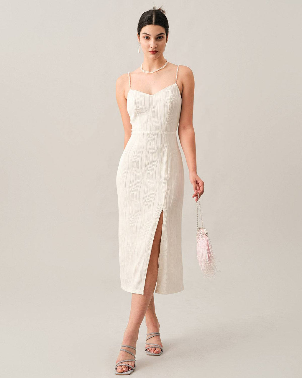 Mariana | Textured Pearl Strap Wedding Guest Midi Dress