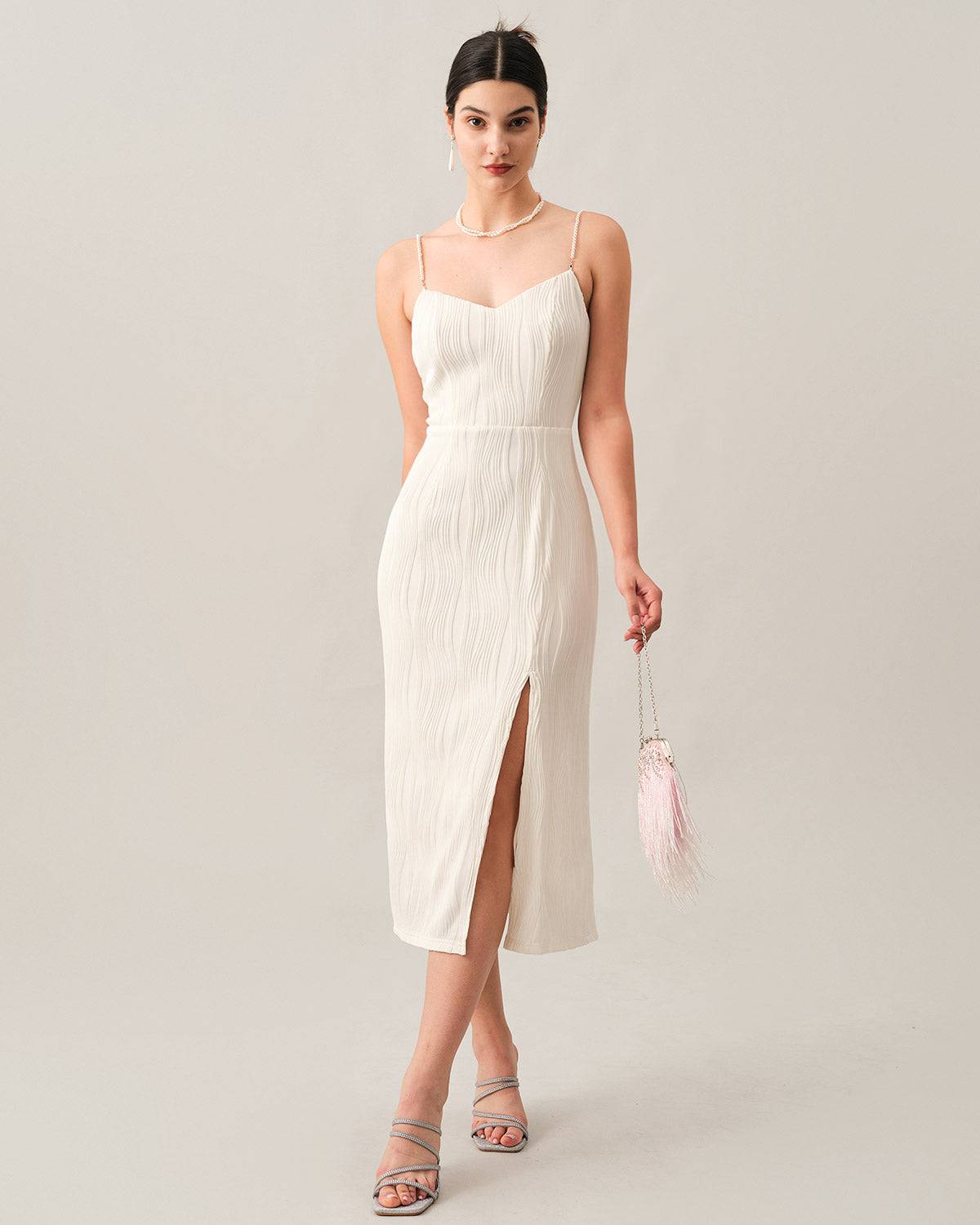 Mariana | Textured Pearl Strap Wedding Guest Midi Dress