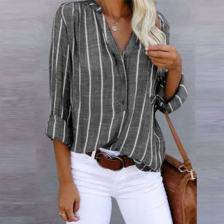 Marina | Relaxed Fit Striped Long Sleeve Button Top