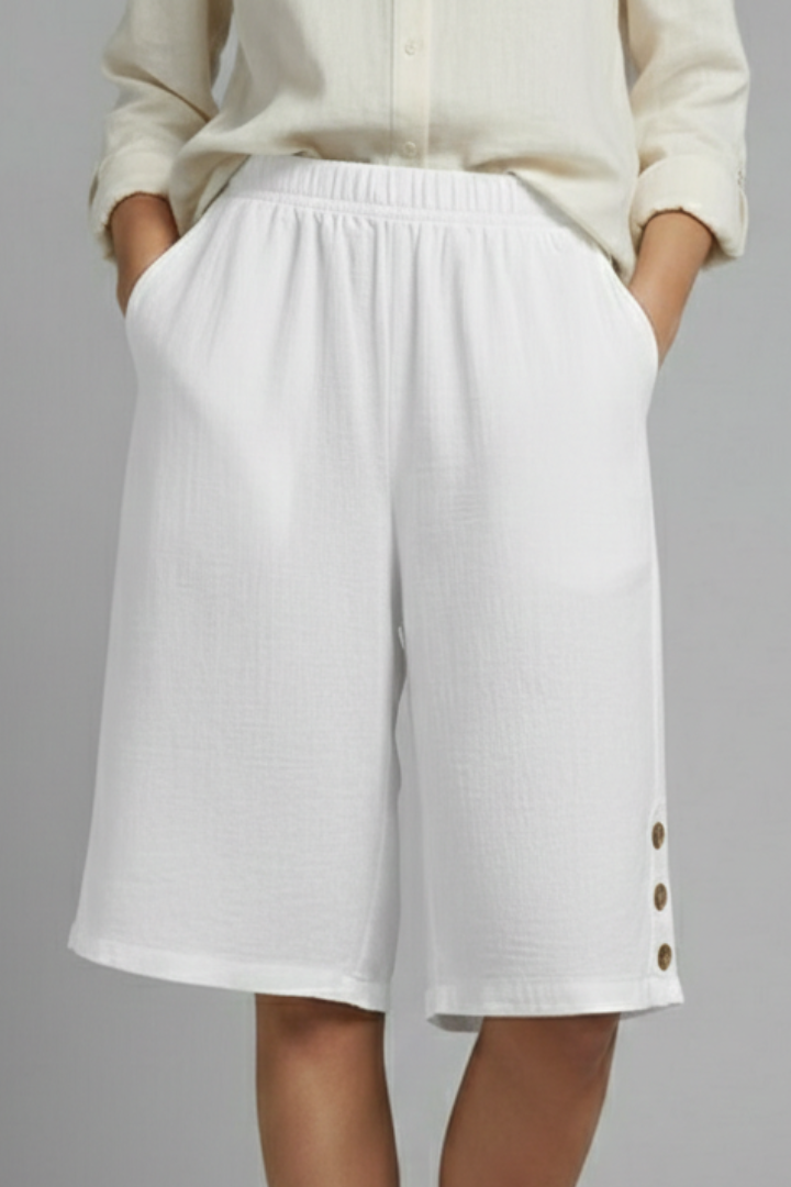 Martina | Elastic Waist Wide Leg Button Shorts