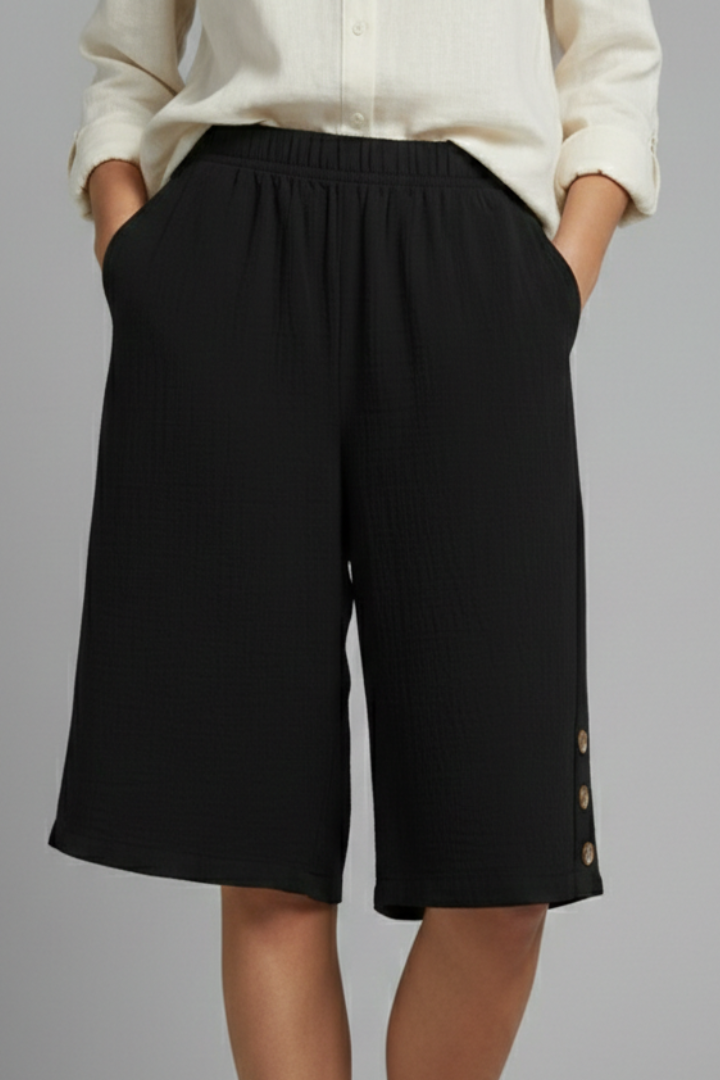 Martina | Elastic Waist Wide Leg Button Shorts