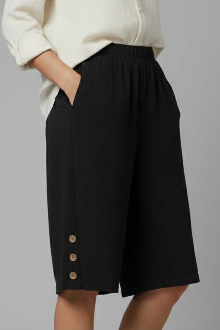 Martina | Elastic Waist Wide Leg Button Shorts