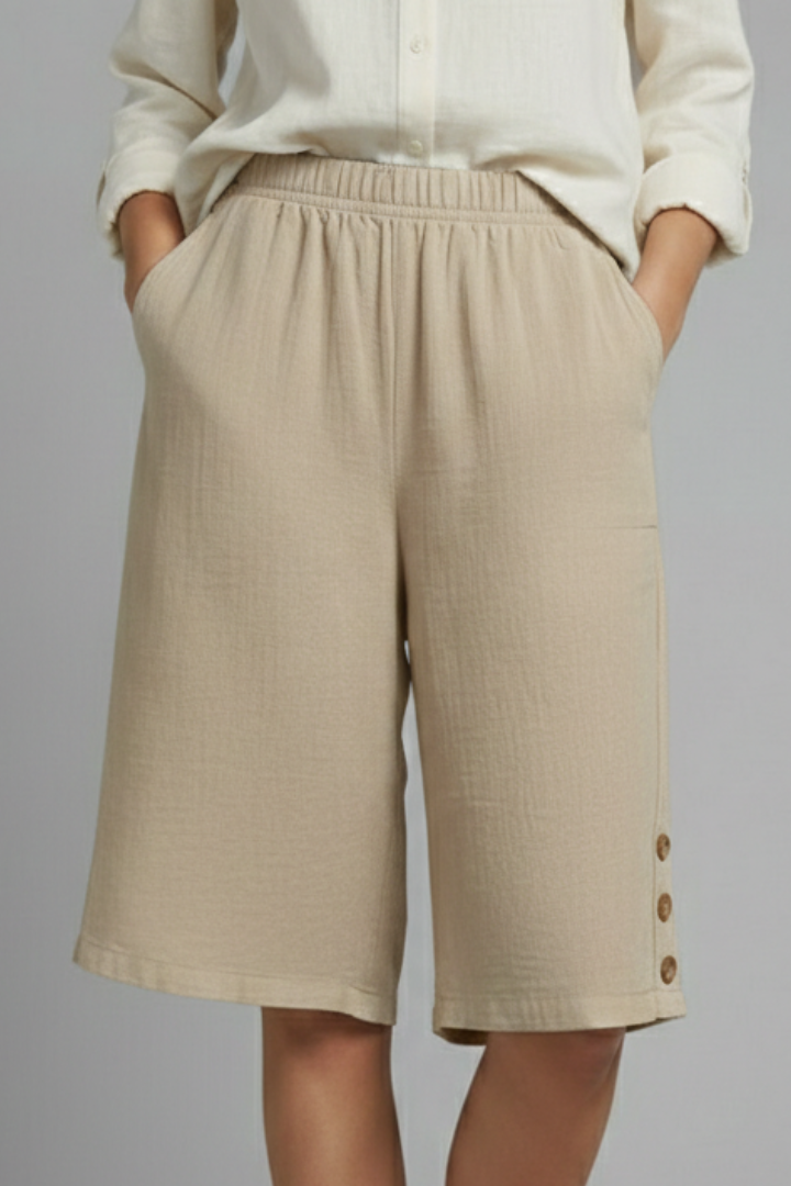 Martina | Elastic Waist Wide Leg Button Shorts