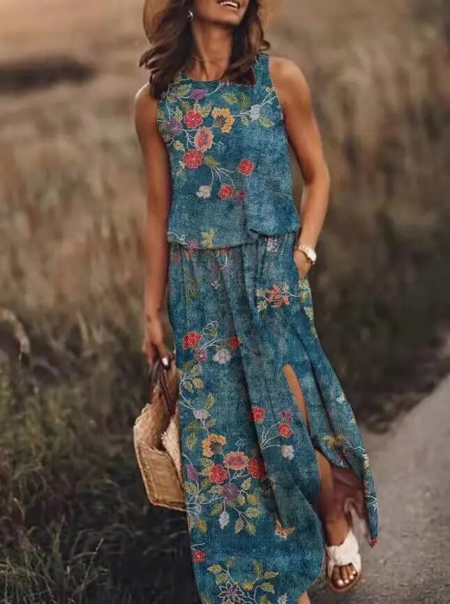 Maura | Sleeveless Elastic Waist Bohemian Maxi Dress