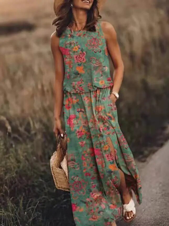Maura | Sleeveless Elastic Waist Bohemian Maxi Dress