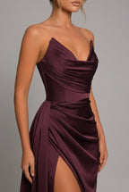 Michaela | Fitted Strapless Ruched Maxi Dress With Side Split