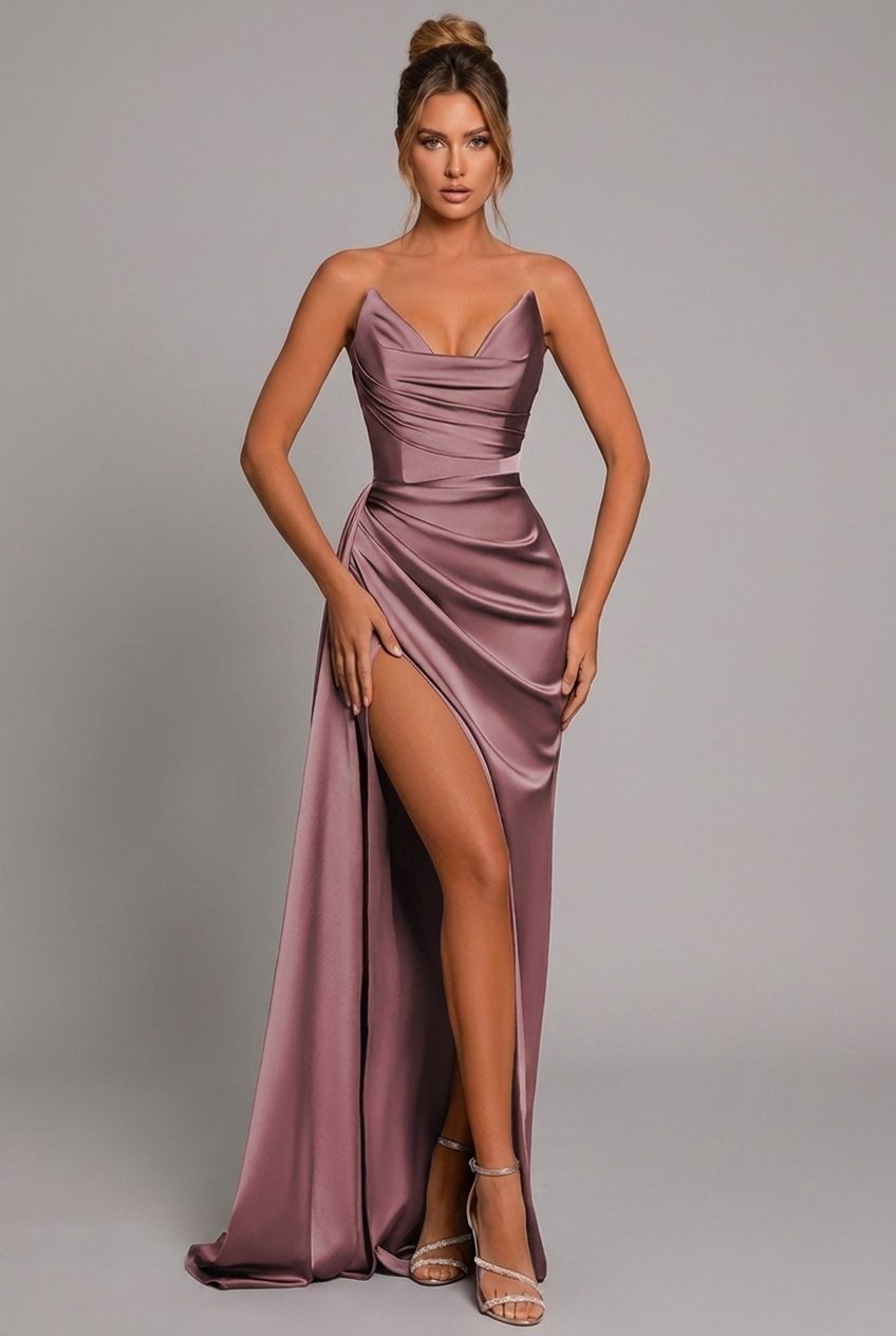 Michaela | Fitted Strapless Ruched Maxi Dress With Side Split