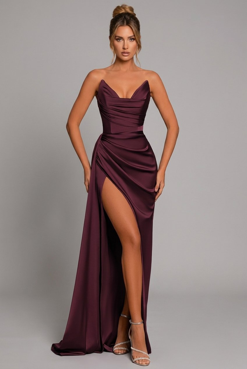 Michaela | Fitted Strapless Ruched Maxi Dress With Side Split