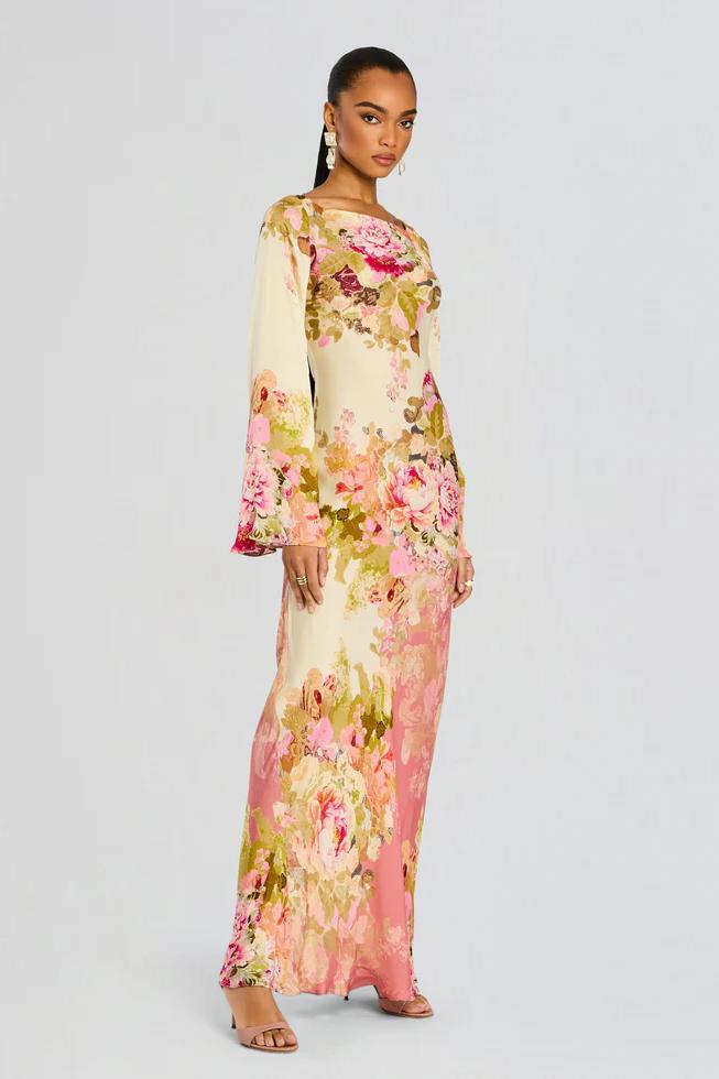 Miranda | Column Fit Floral Bell Sleeve Maxi Dress