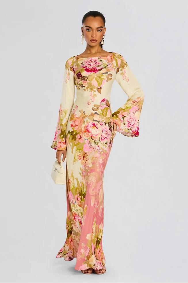Miranda | Column Fit Floral Bell Sleeve Maxi Dress