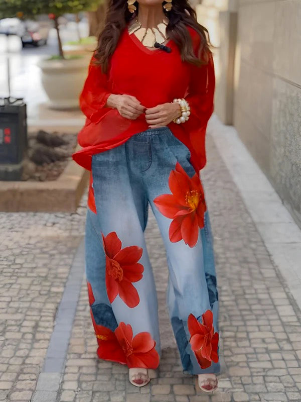 Myla | Loose Wide Leg Floral Print Jean Pants