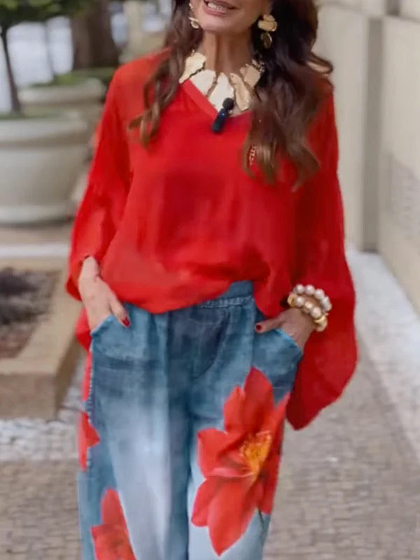 Myla | Loose Wide Leg Floral Print Jean Pants