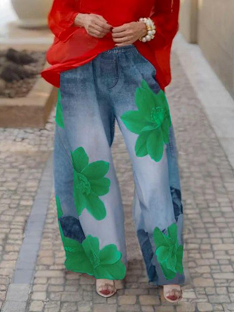 Myla | Loose Wide Leg Floral Print Jean Pants