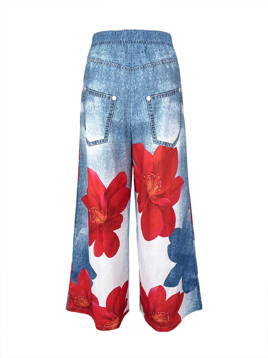 Myla | Loose Wide Leg Floral Print Jean Pants
