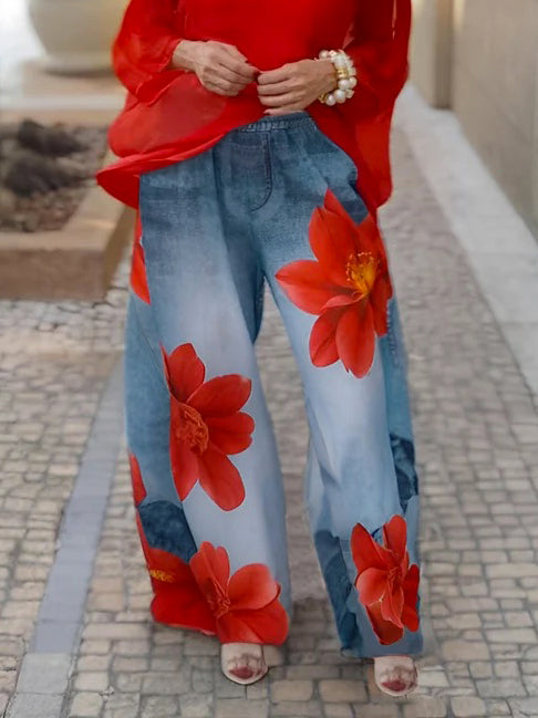 Myla | Loose Wide Leg Floral Print Jean Pants