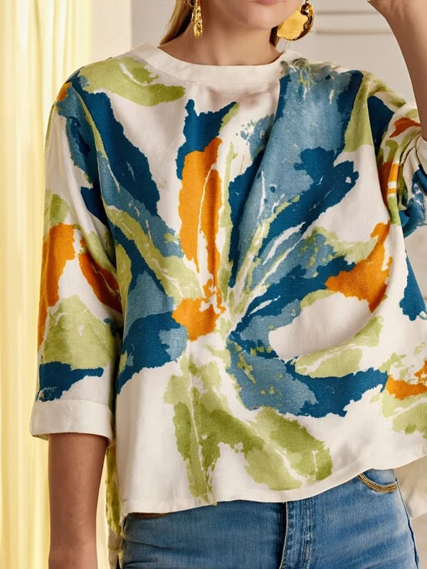 Nora | Loose Fit Half Sleeve Buttoned Flower Print T-Shirt