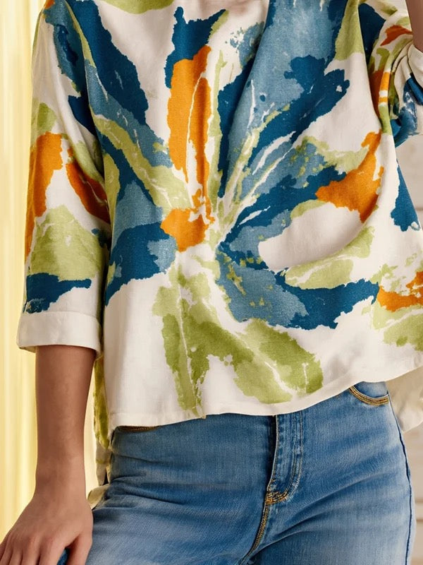 Nora | Loose Fit Half Sleeve Buttoned Flower Print T-Shirt