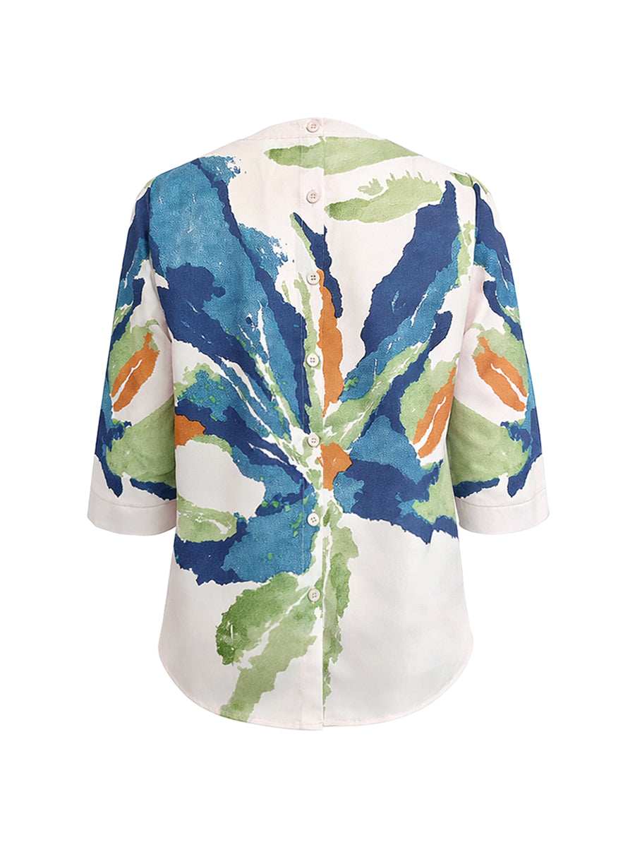 Nora | Loose Fit Half Sleeve Buttoned Flower Print T-Shirt
