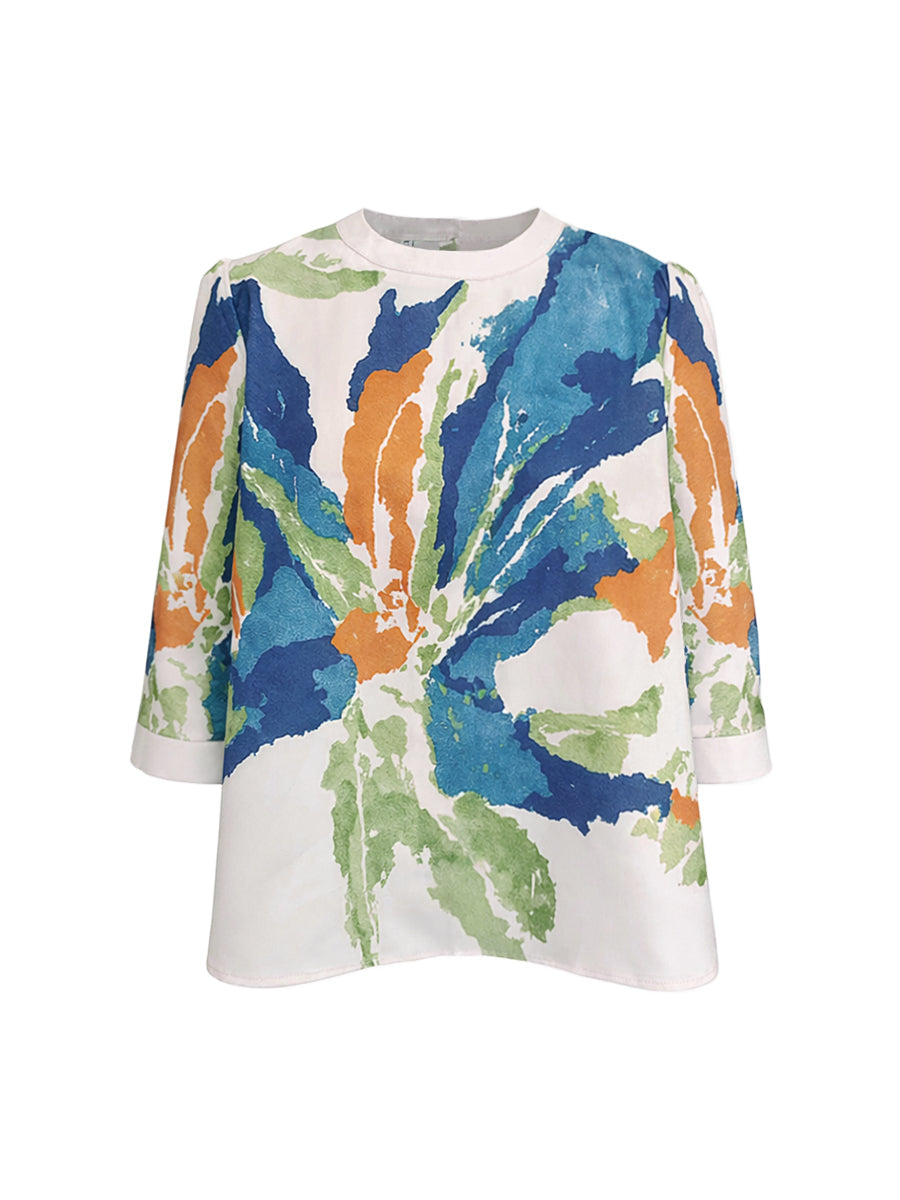 Nora | Loose Fit Half Sleeve Buttoned Flower Print T-Shirt