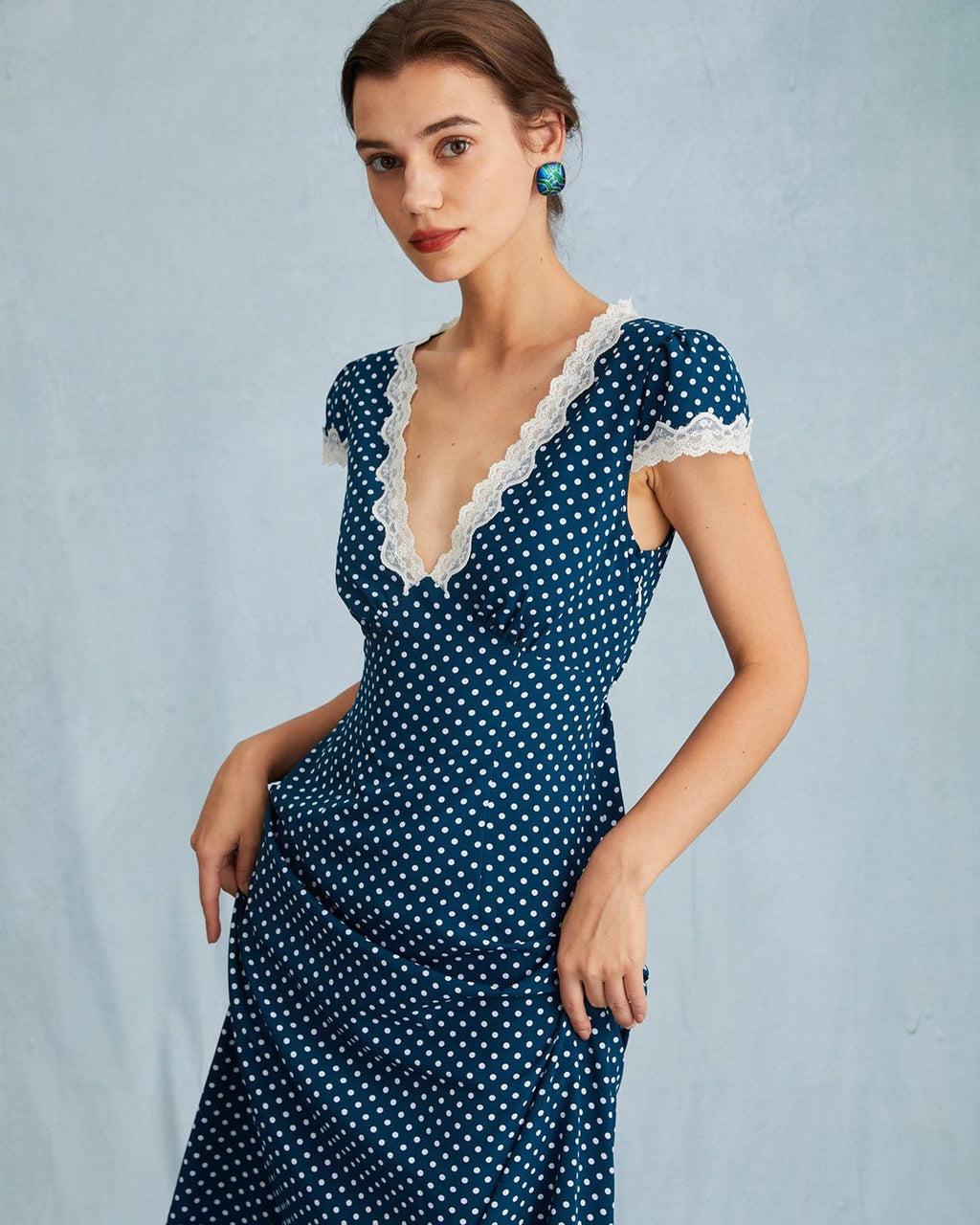 Odessa | V Neck Ruched Fit Polka Dot Maxi Dress